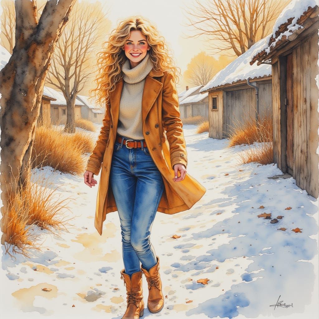 Woman in Sunny Winter Village Watercolor Painting
