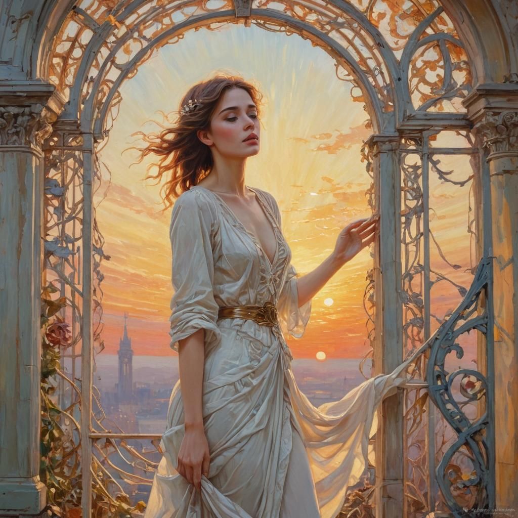 Woman at Sunrise in Impressionist Art Nouveau Style