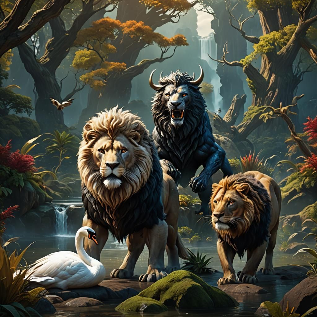 Mythical Swan-Lion-Wolverine Creature in Detailed Fantasy Ar...