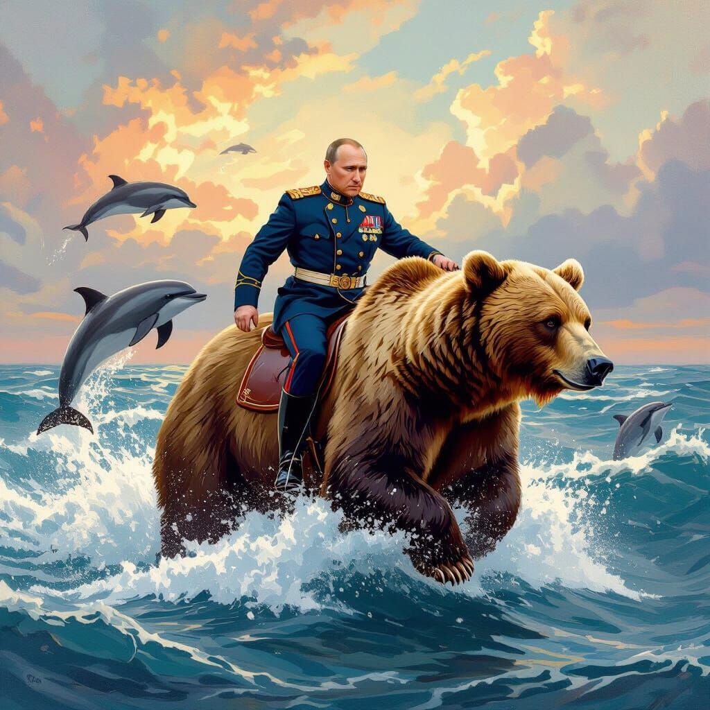 Putin Rides Bear on Sea in Vibrant Mythological Style