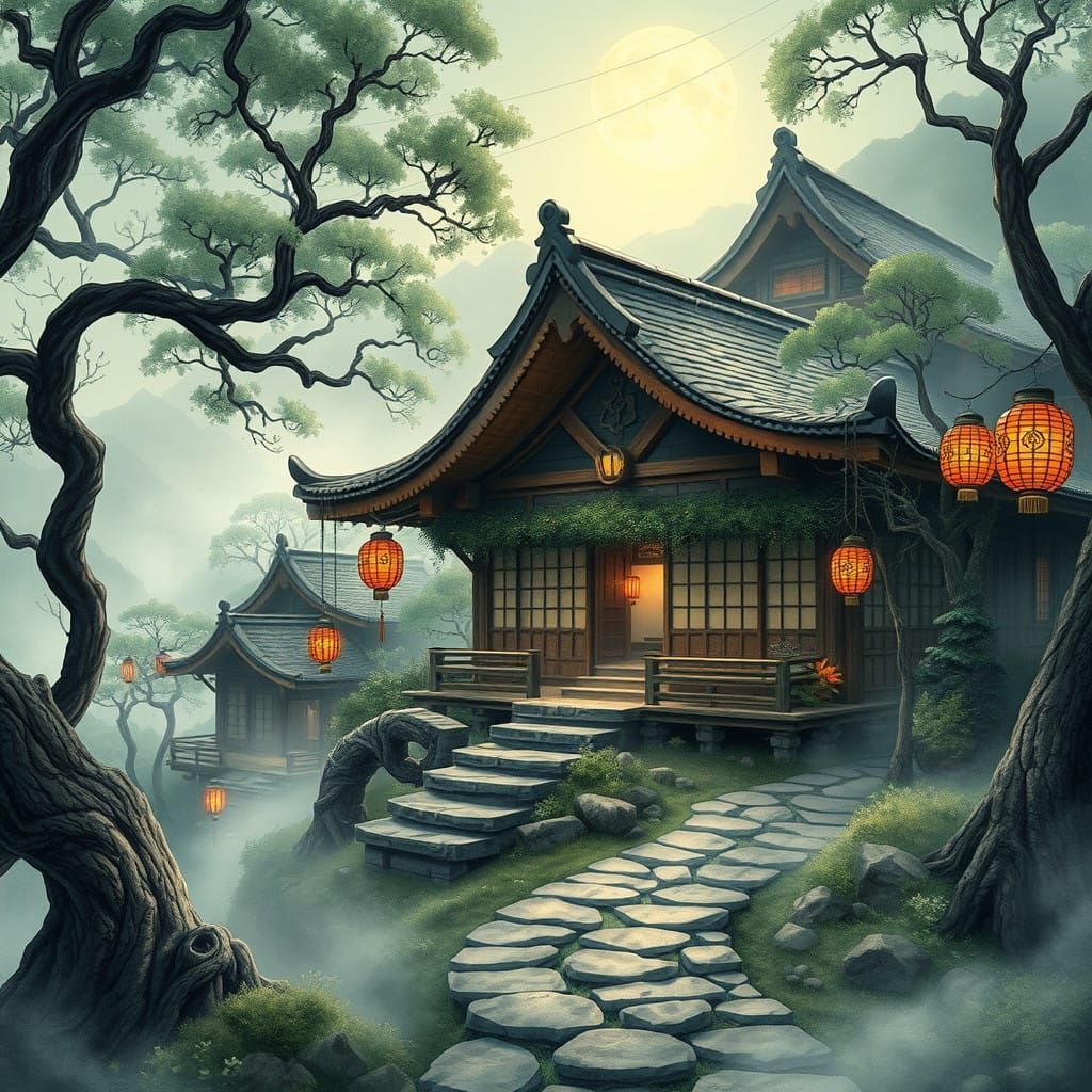 Whimsical Japanese Dreamscape under Moonlit Skies