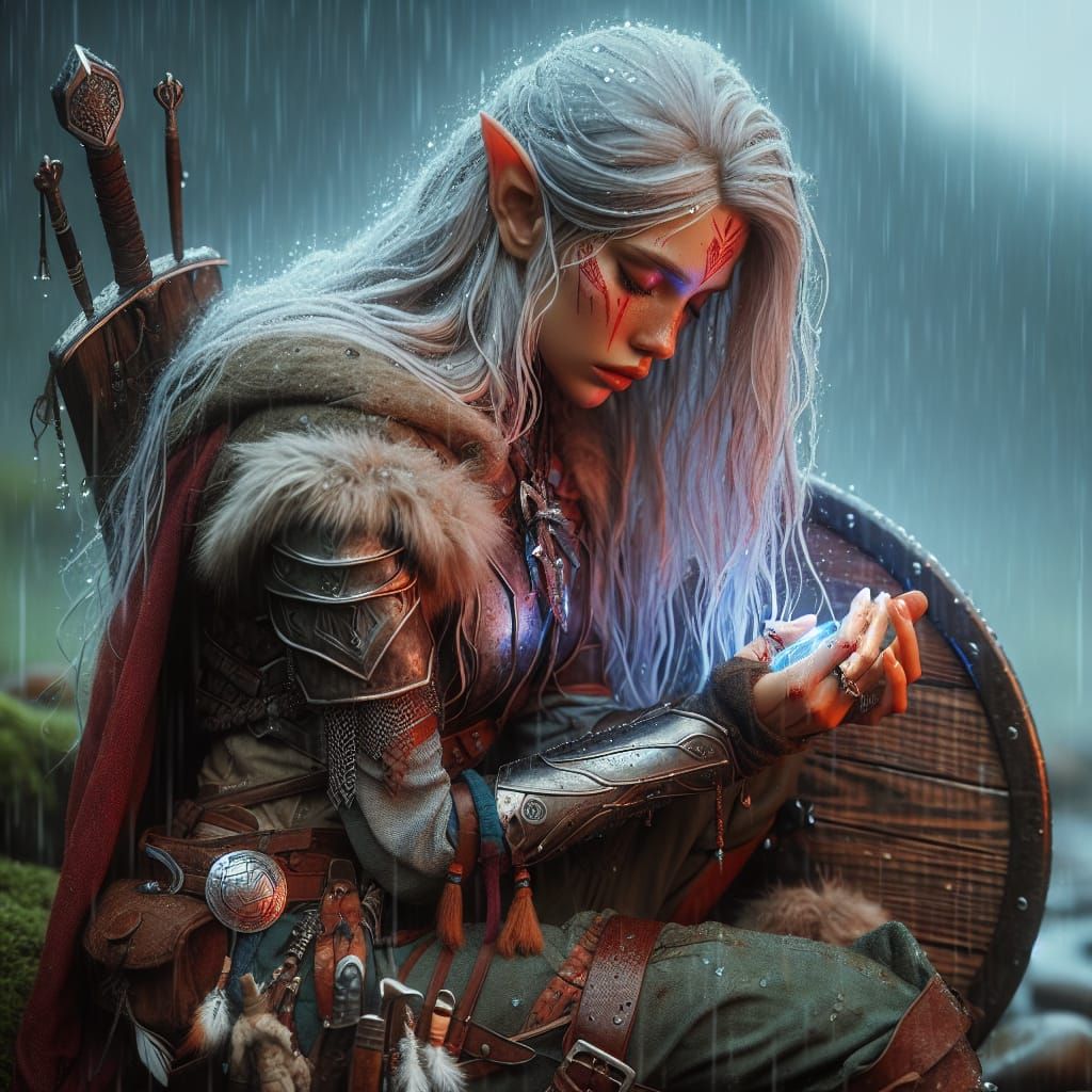Elven Warrior in Rainy Battlefield Solitude