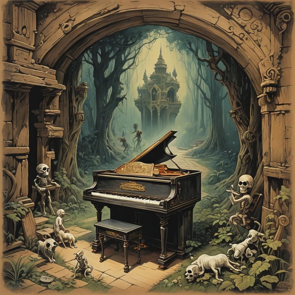 Anthropomorphic Key's Piano Journey: Frazetta-Style Illustra...