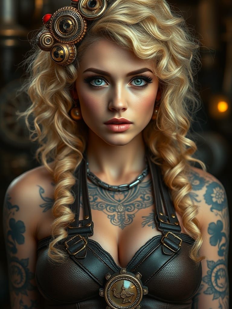 Steampunk Woman with Blond Hair and Tattoos