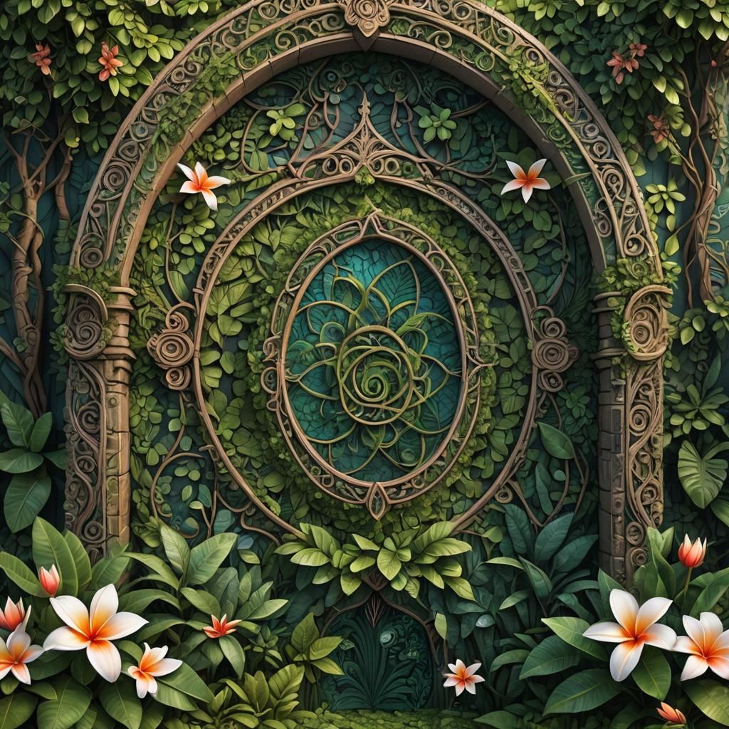 Ornate Jungle Portal with Filigree Plumeria Zentangle