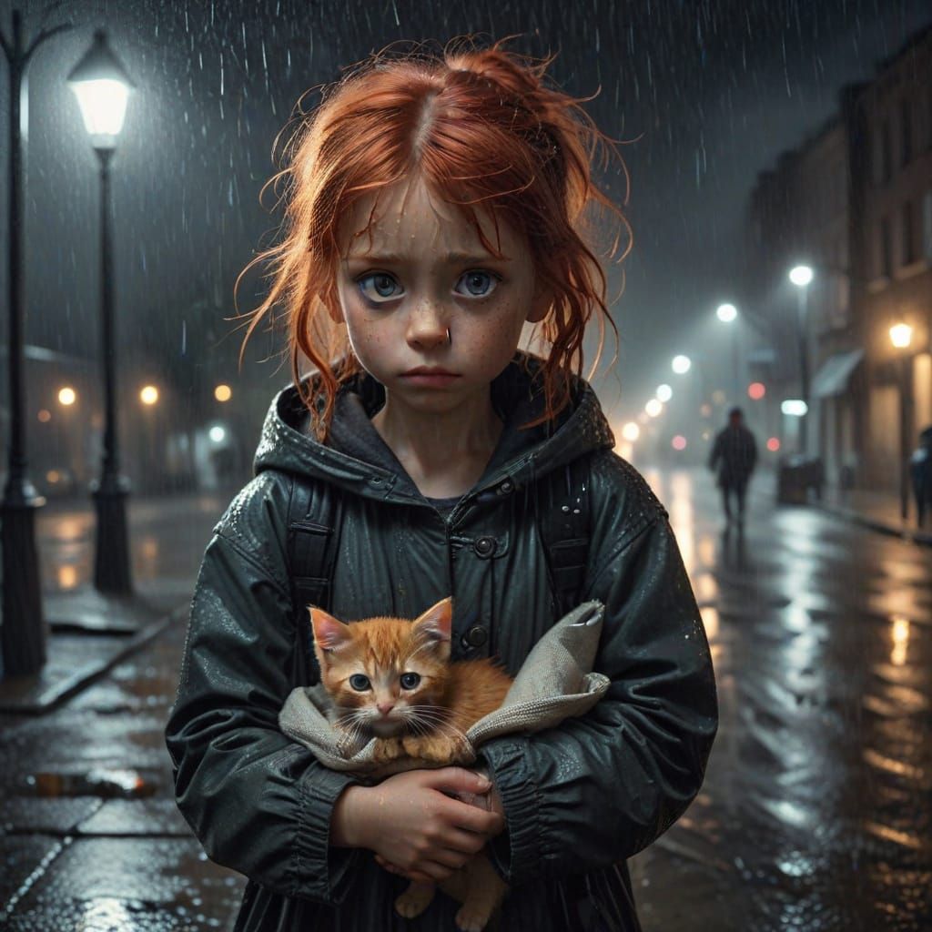 Homeless Girl Protects Kitten in Night Rainstorm