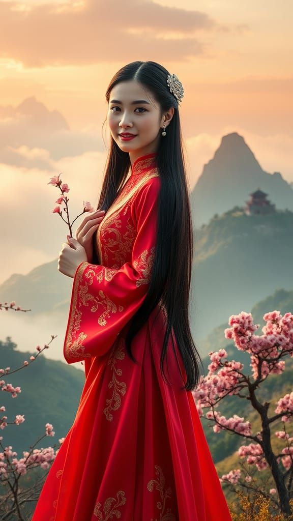 Elegant Vietnamese Beauty in Traditional Ao Dai with Cherry ...
