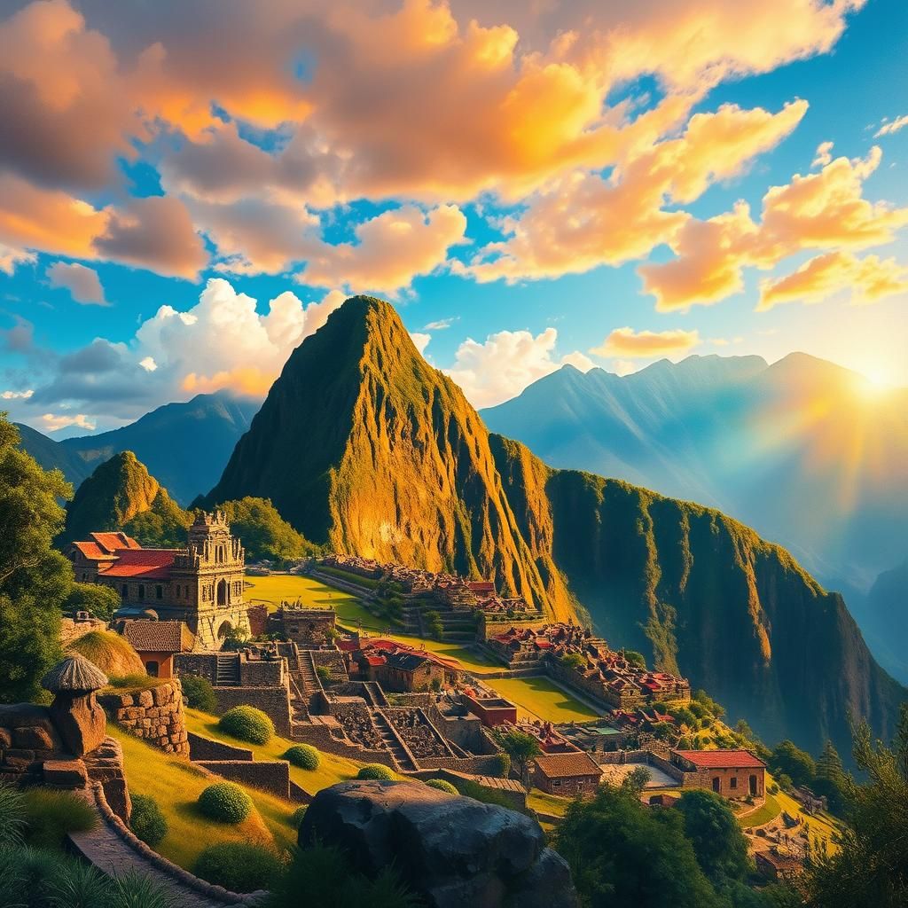 Vibrant Machu Picchu Cityscape in Watercolour Style