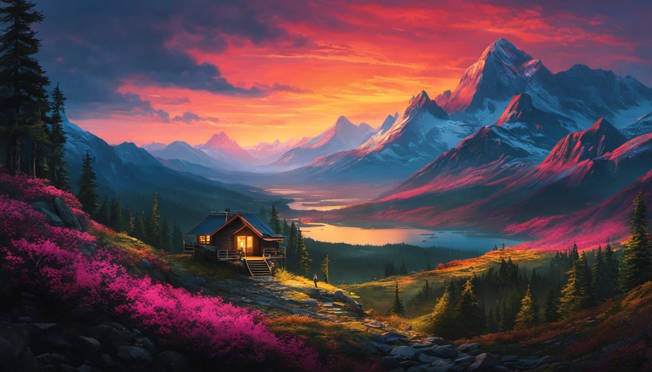 Cyberpunk Mountain Landscape with Waterfalls and Cabin