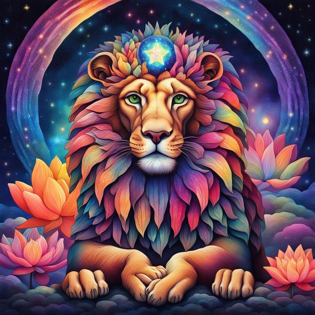 Celestial Sphinx on Lotus Flower in Cosmic Sky