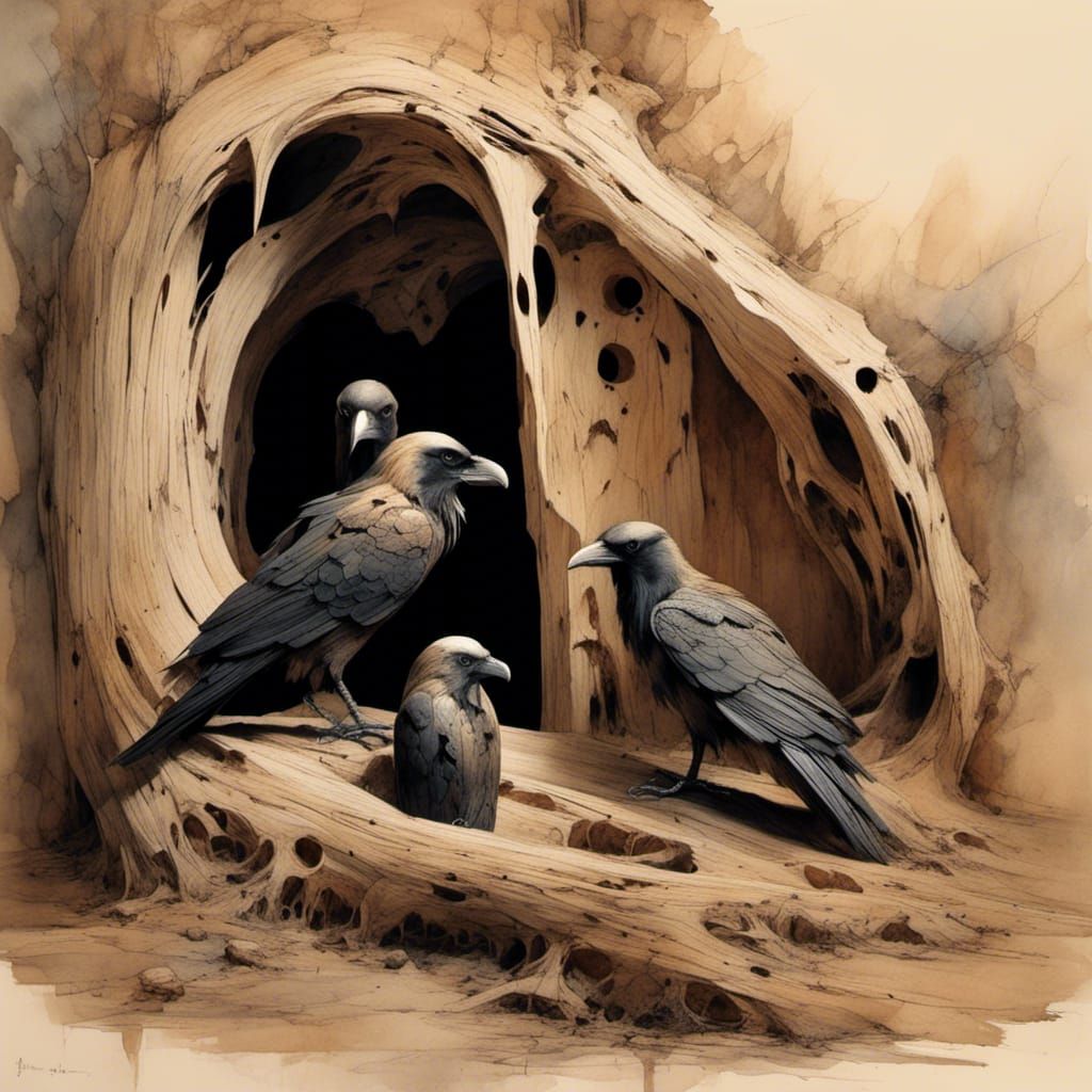 Carved Wooden Heads with Raven, Magic Realism Style