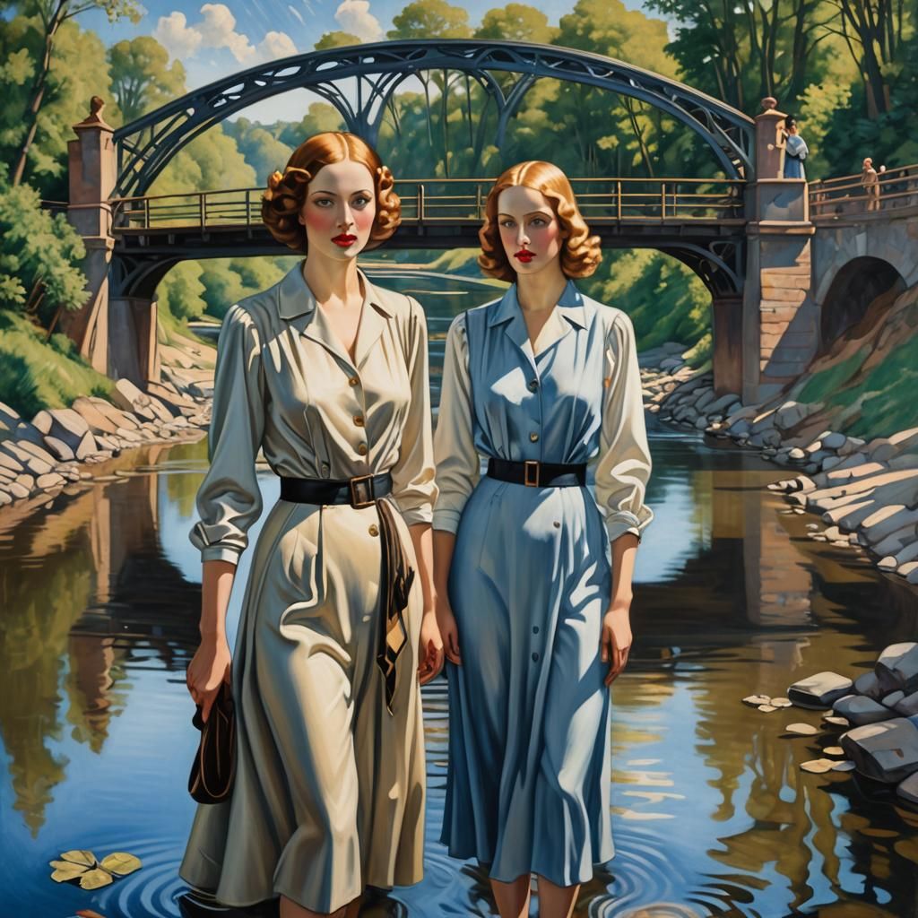 Women by River in Art Deco Style