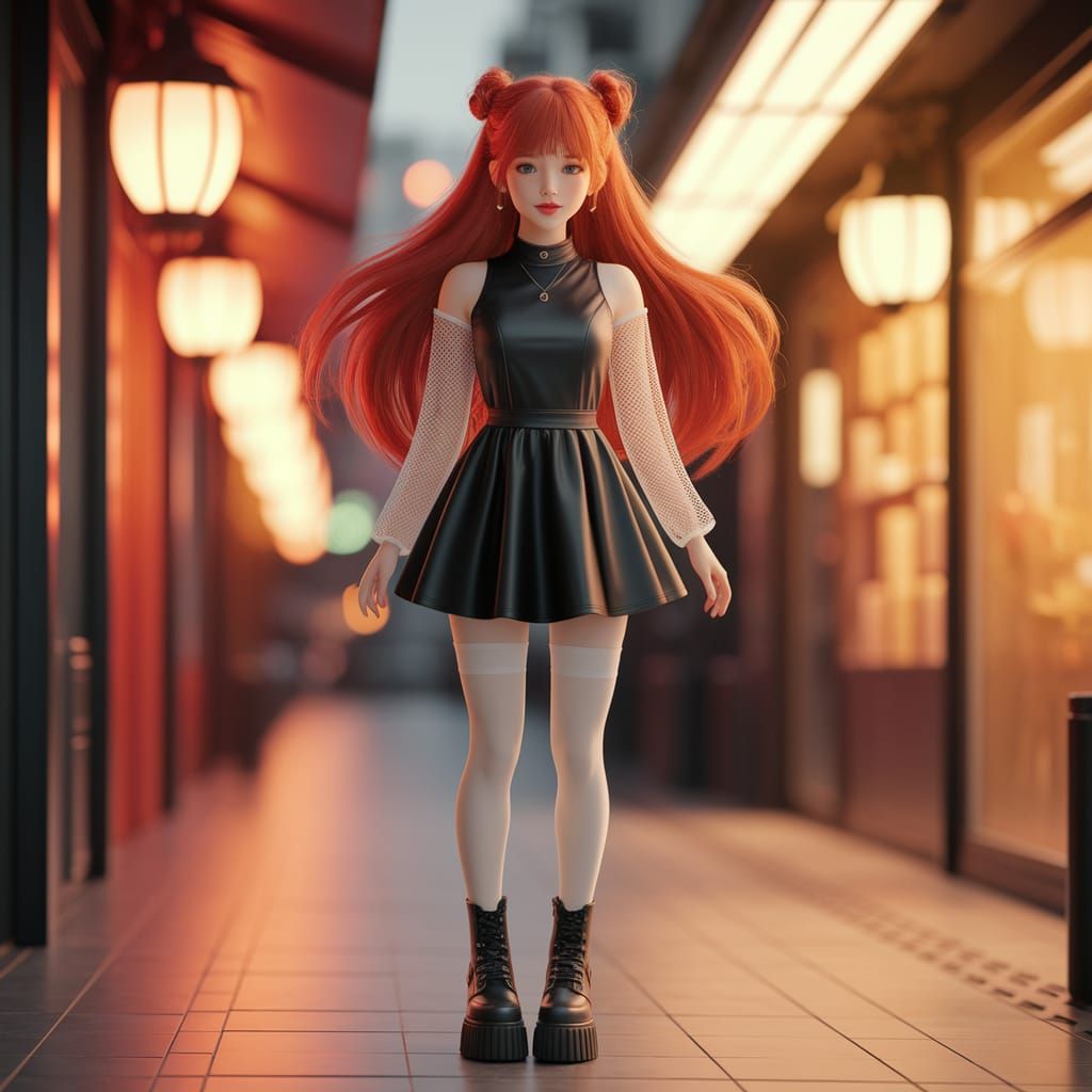 Japanese Woman in Cityscape: 2.5D Anime Fashion