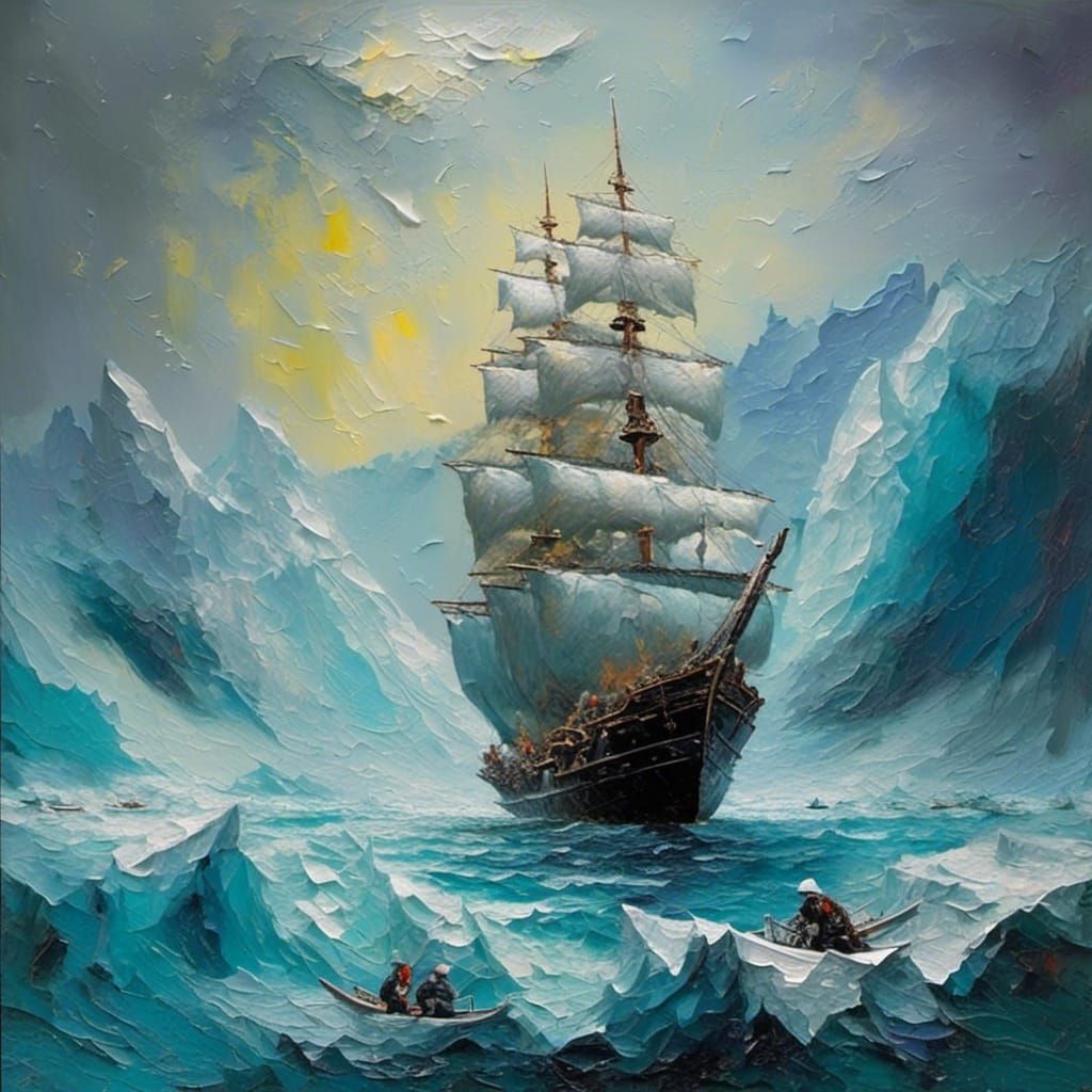 Ship Crossing Frozen Sea in Impasto Style