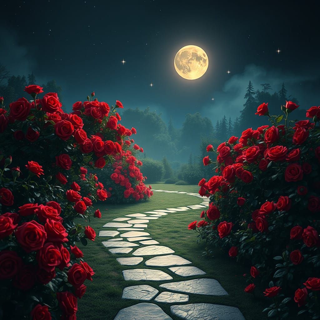 Mystical Rose Garden Oasis Under Ethereal Moonlight