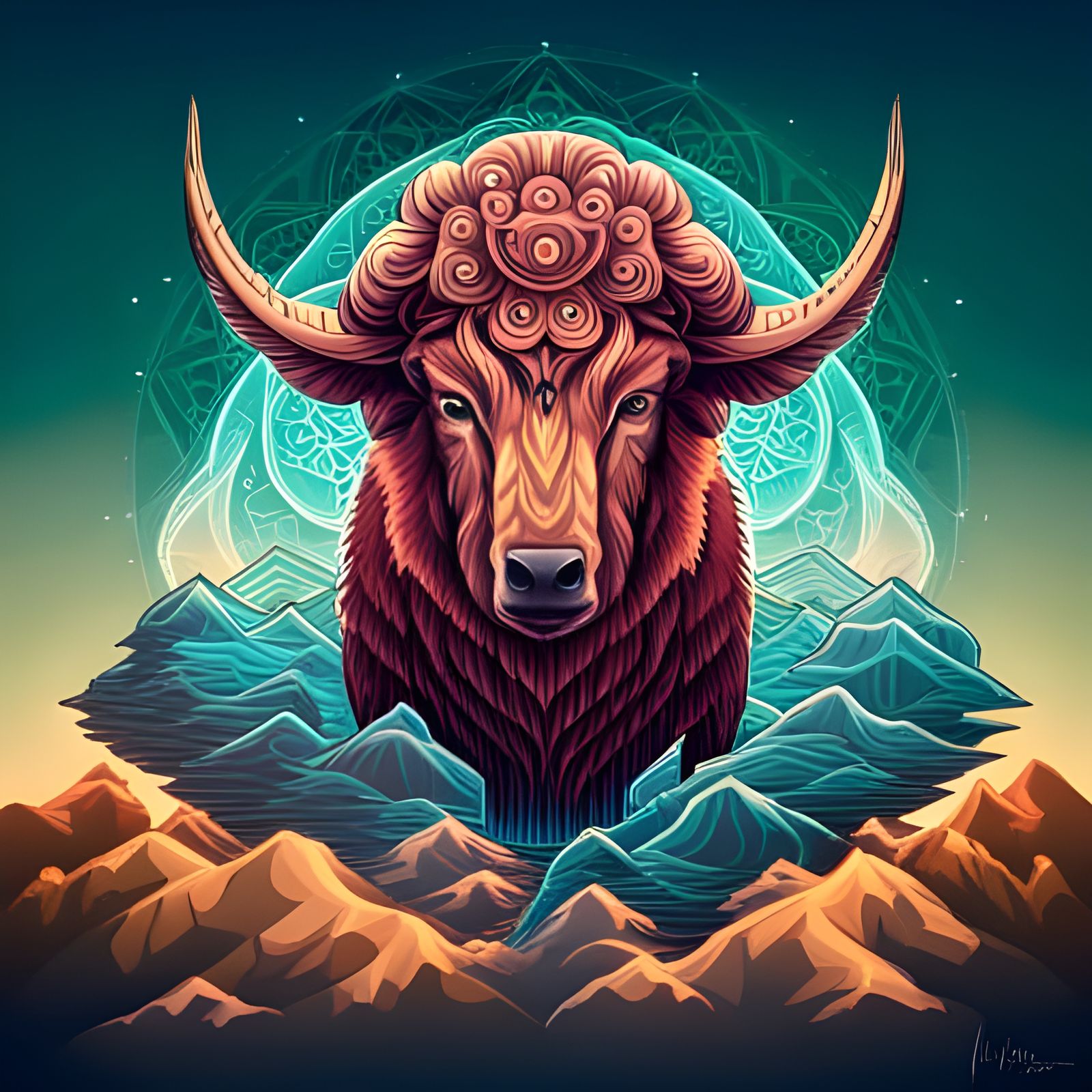 Tattooed Muskox in Dovrefjell: Neon Fractal Art