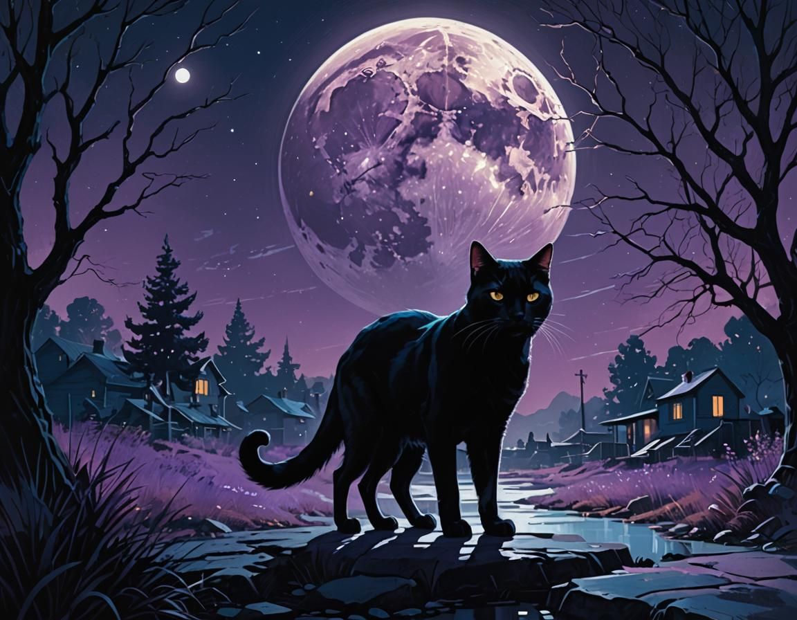 Mystical Black Cat Crossing Before a Full Moon