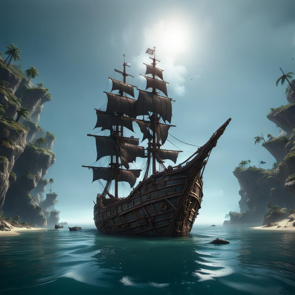 Capsized Pirate Ship on Calm Ocean in 3D