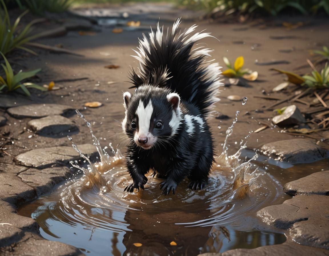 Joyful Baby Skunk Splashing: Fantasy Concept Art