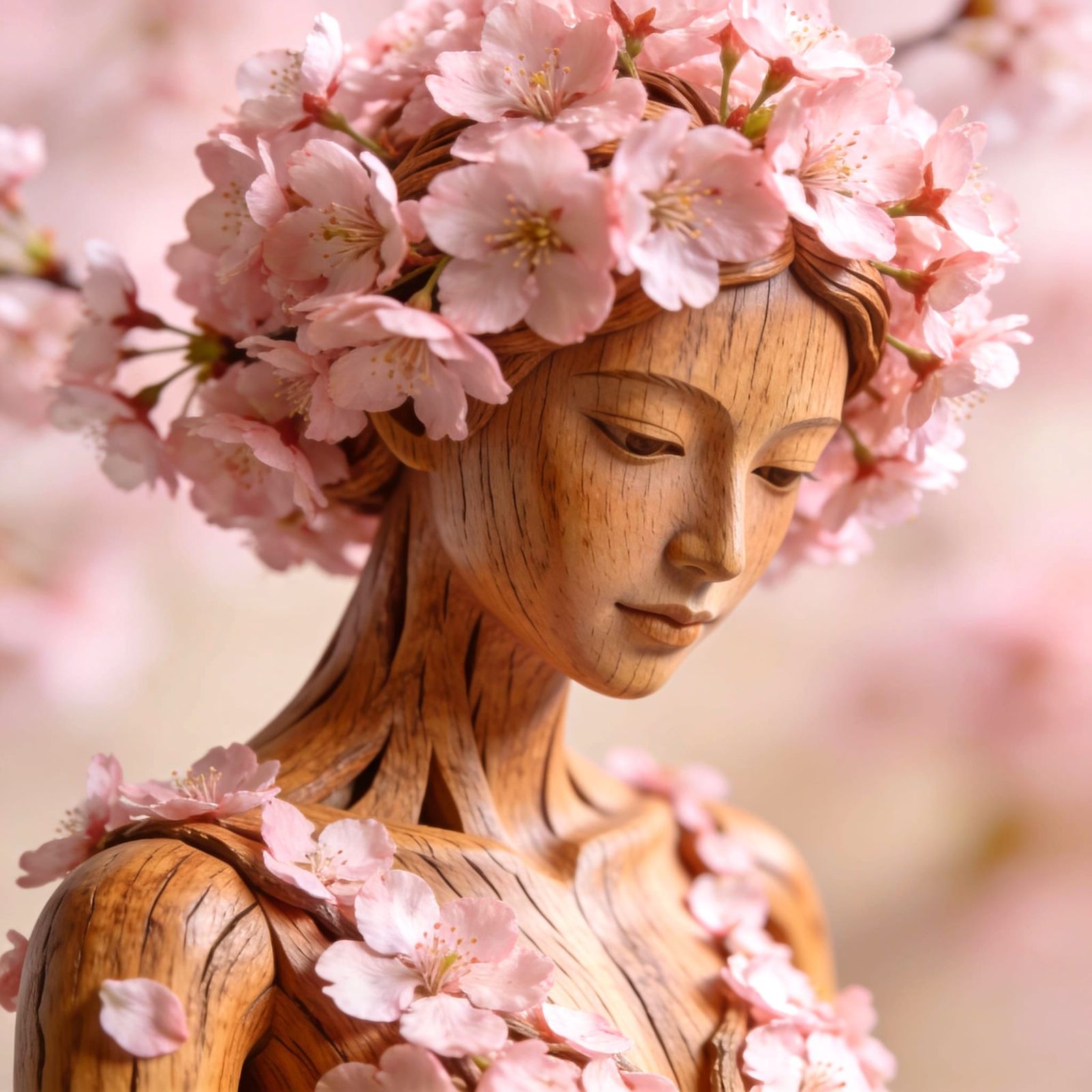 Woman Made of Plants with Cherry Blossom Hair