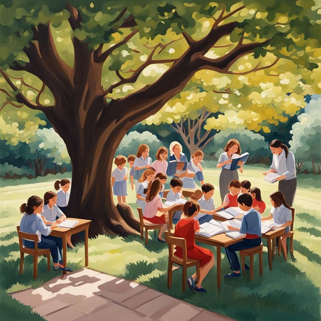 Charming Garden Classroom Scene as Gouache Painting