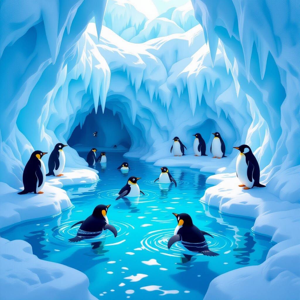 Pixar-Inspired Penguin Habitat with Swimming Penguins