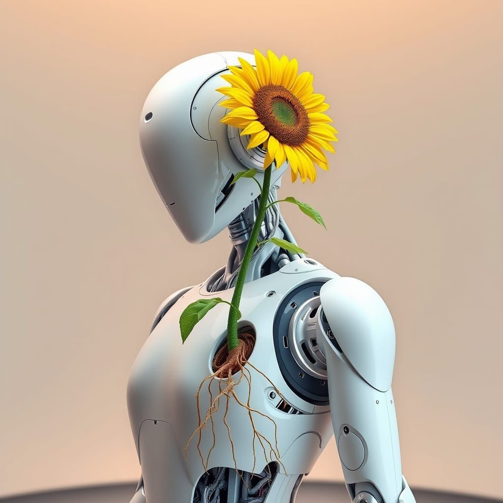 Robot's Sunflower: A Hyperrealistic Digital Painting