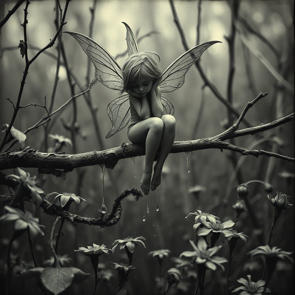 Pixie in Desolate Garden: A Gothic Horror Film Still