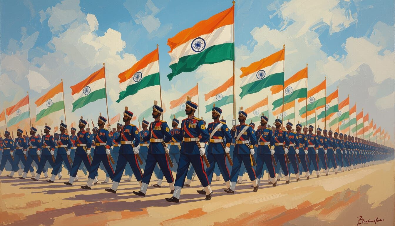 Indian Soldiers Marching with Flags in Classical Style