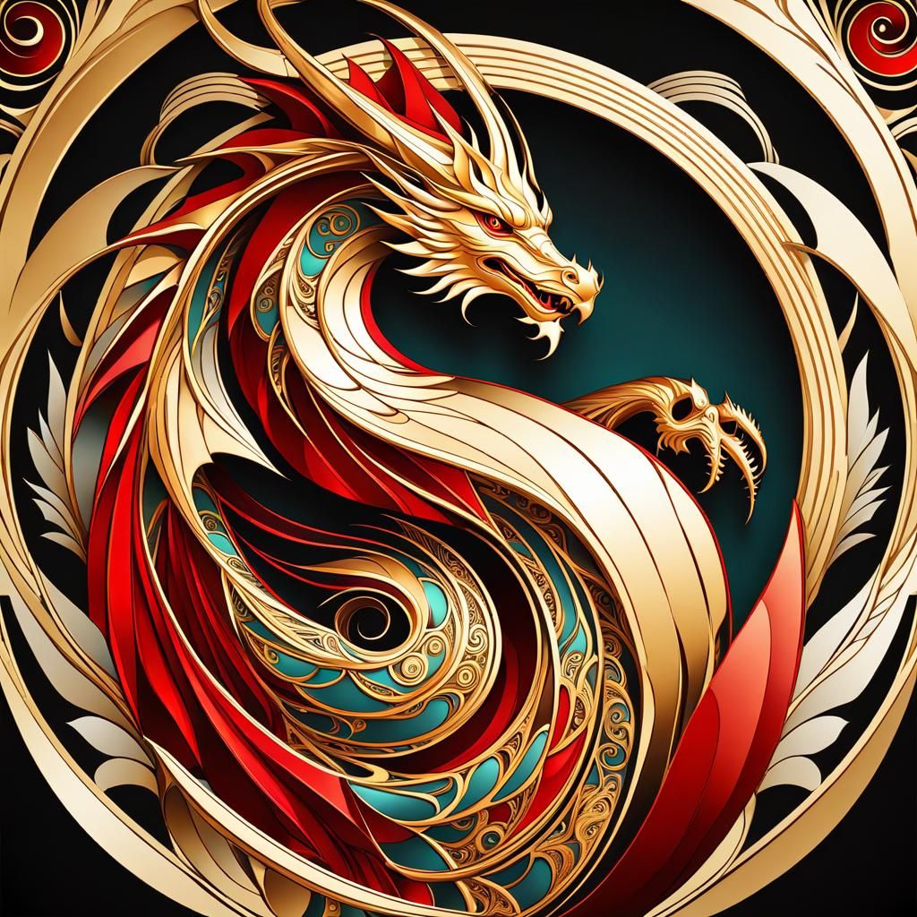 Art Deco Dragon in Art Nouveau Style