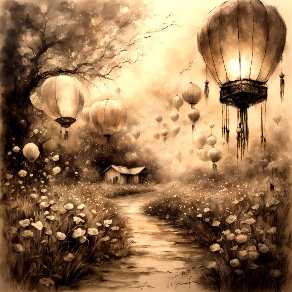 Dreamlike Chinese Lanterns in Sepia Charcoal Style