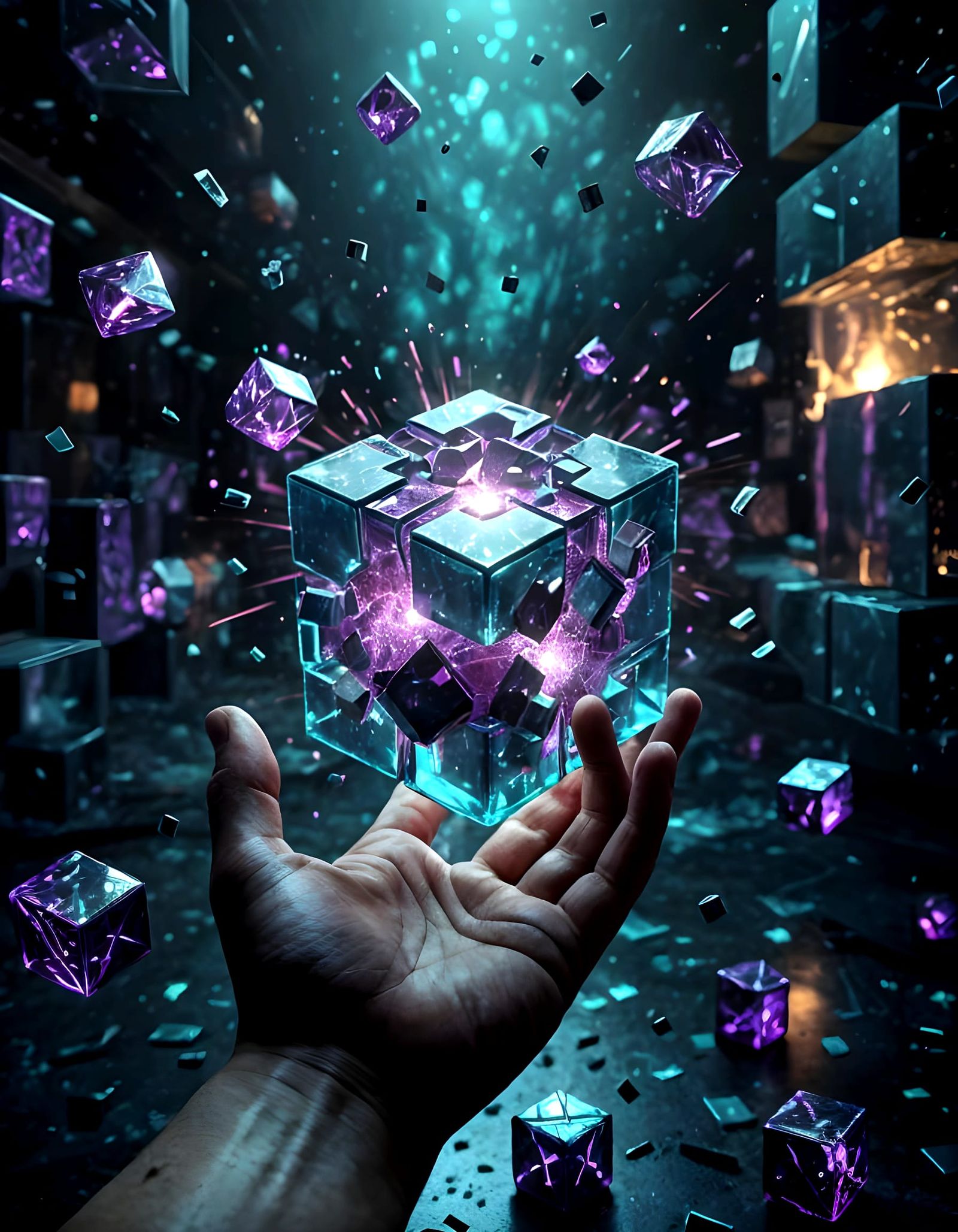 Fractured Quantum Cube in Hyperrealistic Digital Art