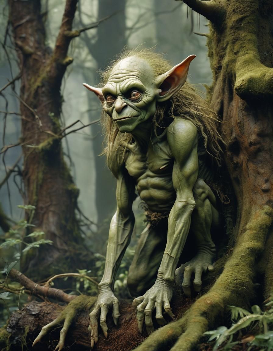 Grotesque Goblin Crouches in Misty Forest: Fauvism