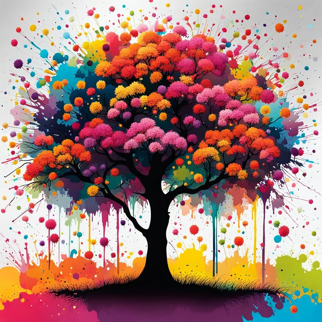Flowering Tree in Ink Splatter Art Style