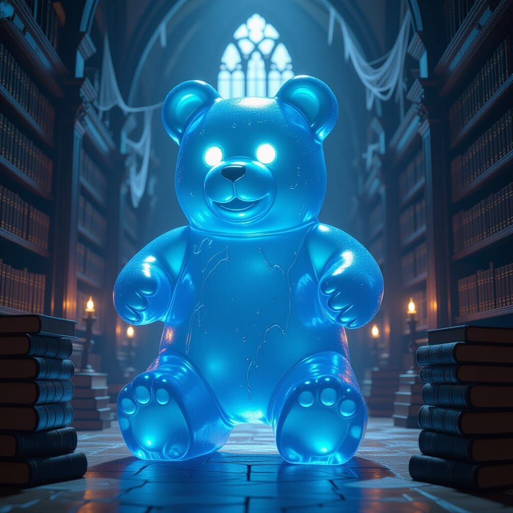 Colossal Blue Gummy Bear Rises From Ancient Books
