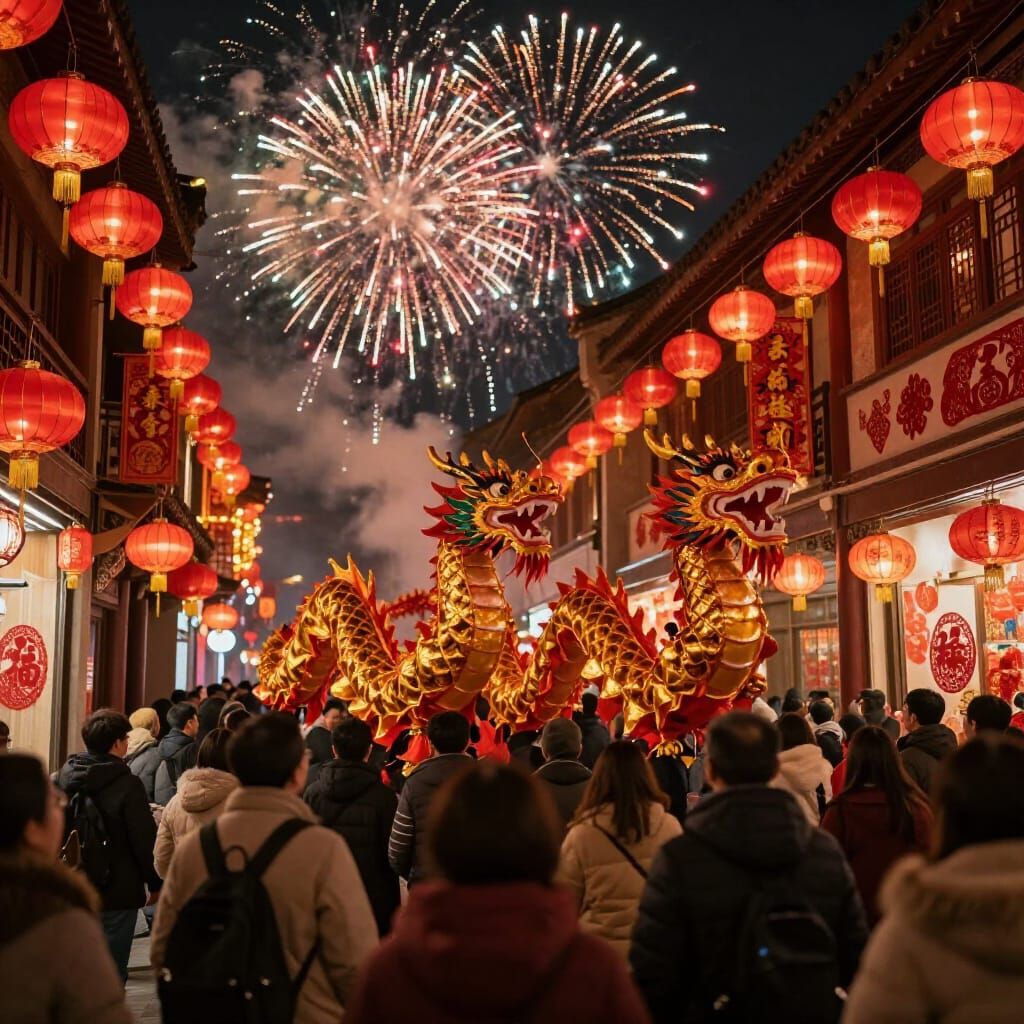 Vibrant Chinese New Year Street Scene with Dancing Dragons