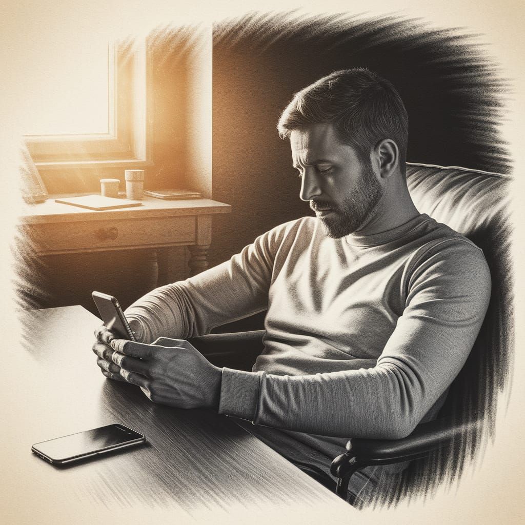 Man Waits for Call in Cozy Room