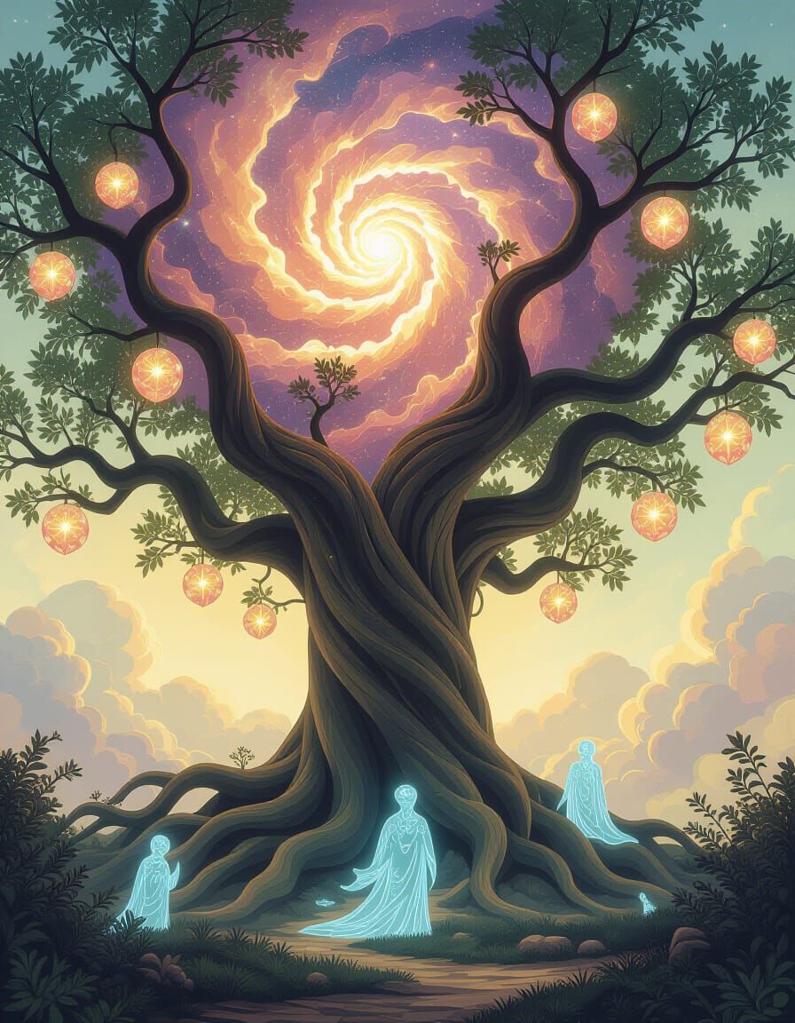 Cosmic Tree with Crystal Fruits in Surreal Style