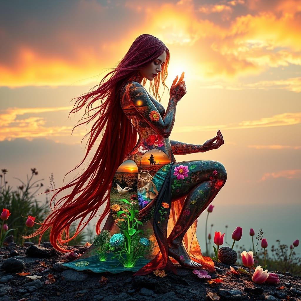 Surreal Fragmented Sculpture of Woman by Sunset