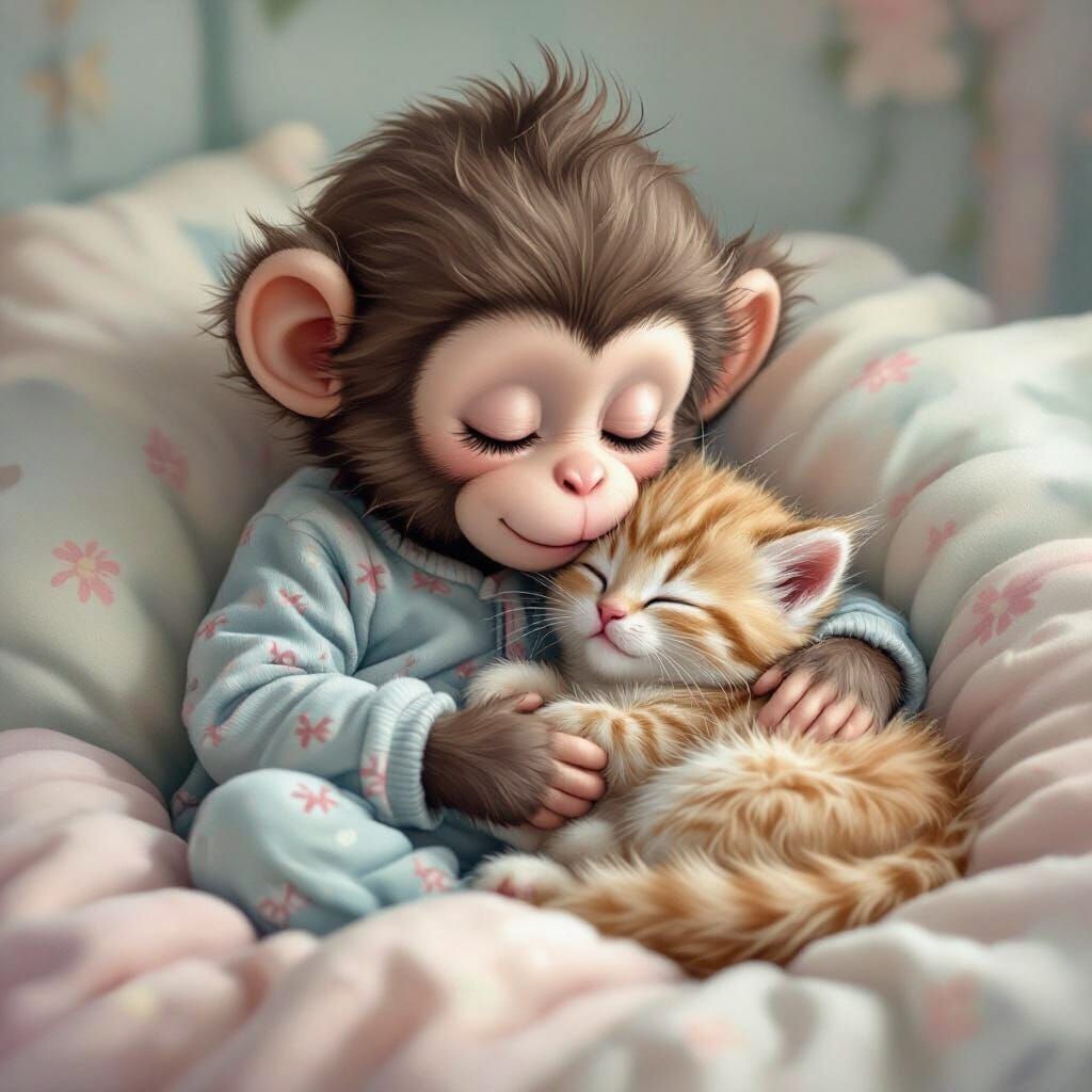Monkey and Kitten Kiss in Whimsical Watercolor Style