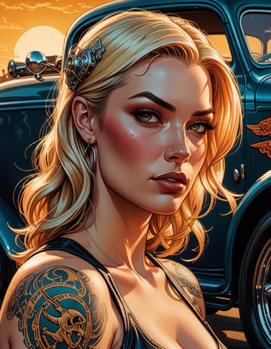 Blonde Mechanic with Hot Rod in Retro Comic Book Style