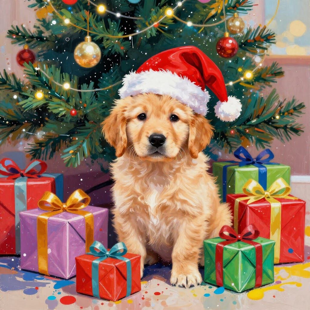 Golden Retriever Puppy in Santa Hat Under Christmas Tree