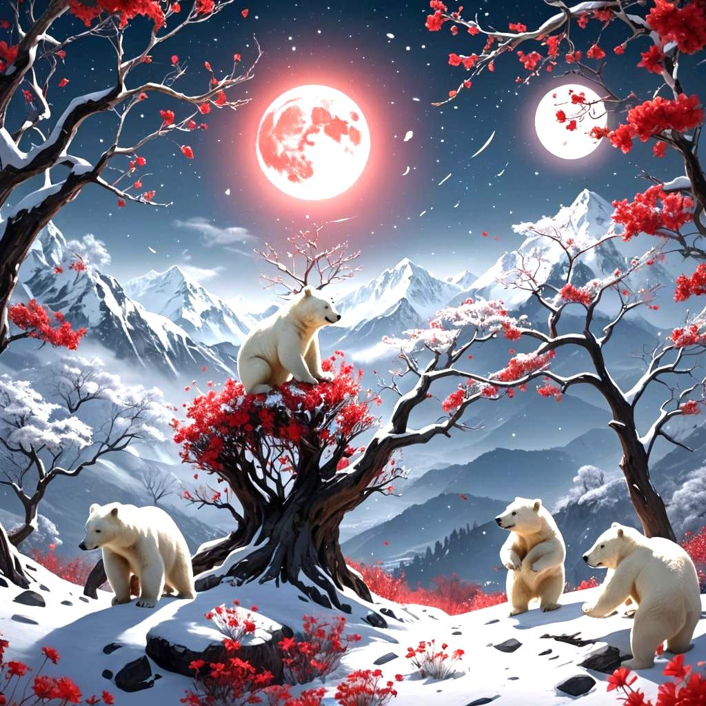 Dancing Bears Under Red Moon: Fantasy Art