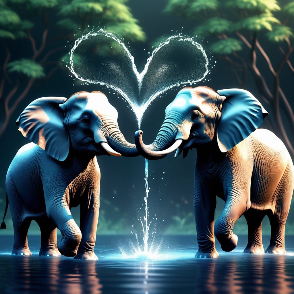 Colorful Elephants Spray Heart-Shaped Water in Vibrant 3D
