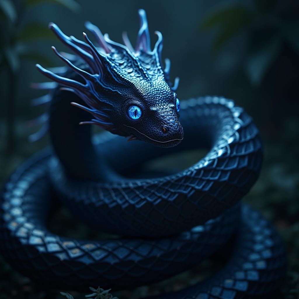 Majestic Black Serpent in Shadowy Realism