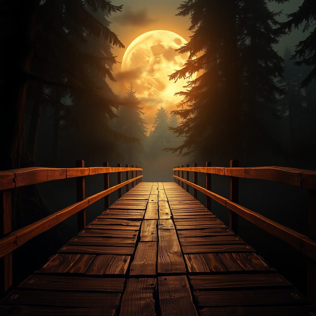 Moonlit Woodland Bridge in Mystical Forest