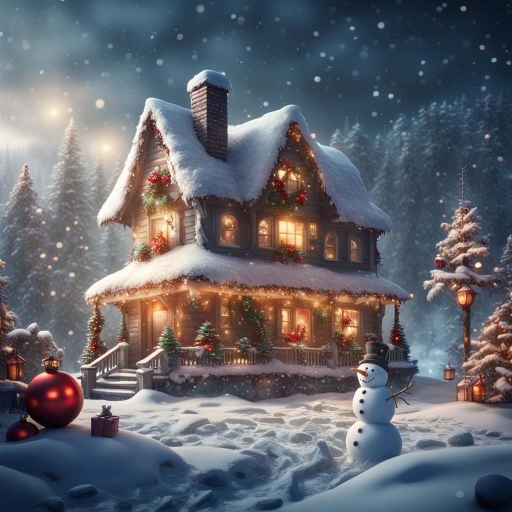 Christmas Landscape with Snowman in Detailed Matte Painting