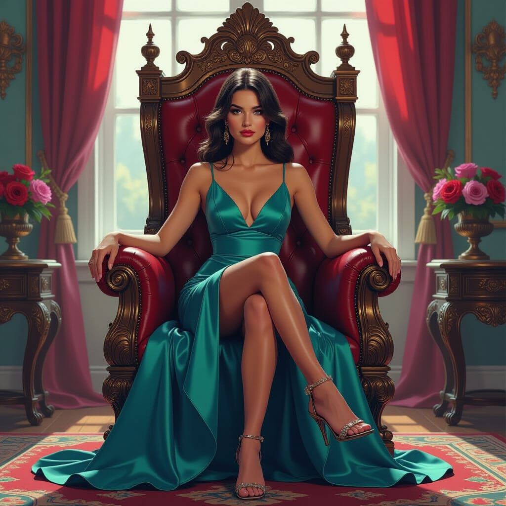 Elegant Woman on Throne in Digital Art Style