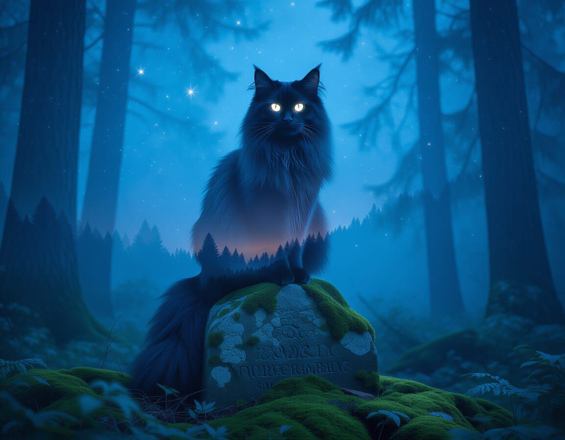 Mystical Cat in Enchanted Forest at Twilight