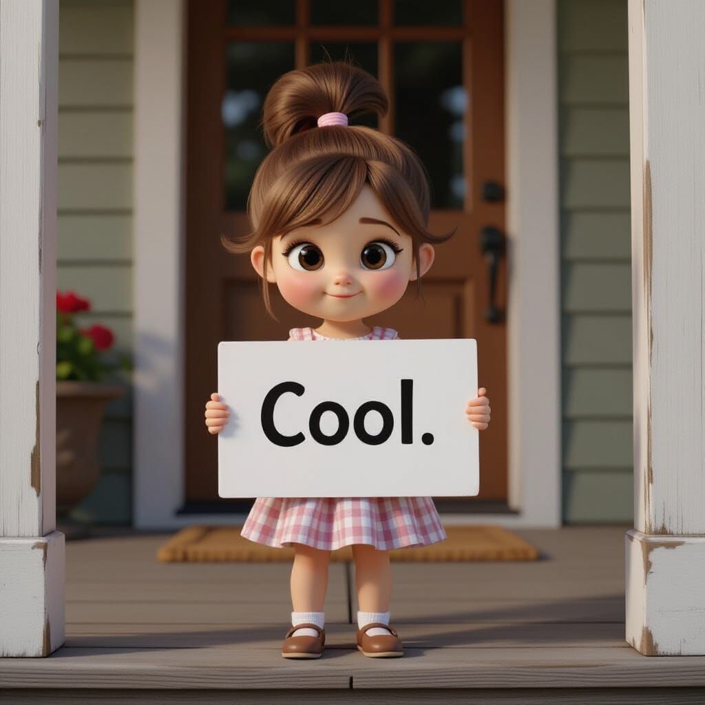Cute Girl Holds "Cool" Sign on Porch - Cinematic Film Still